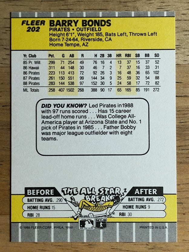 1989 Fleer #202 Barry Bonds