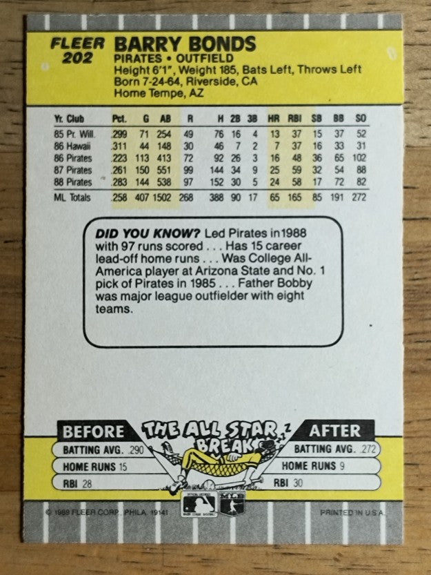 1989 Fleer #202 Barry Bonds