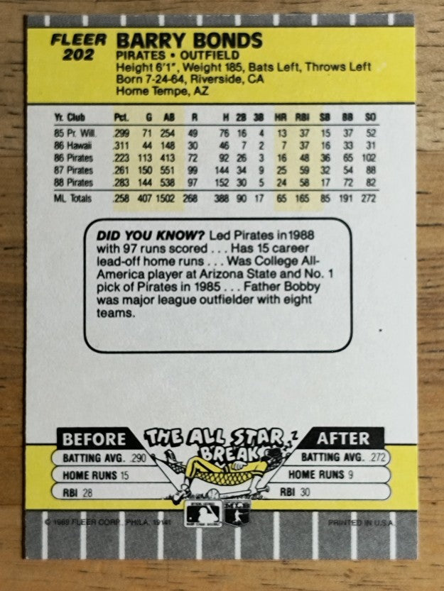 1989 Fleer #202 Barry Bonds
