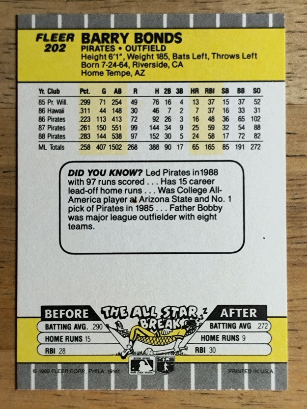 1989 Fleer #202 Barry Bonds