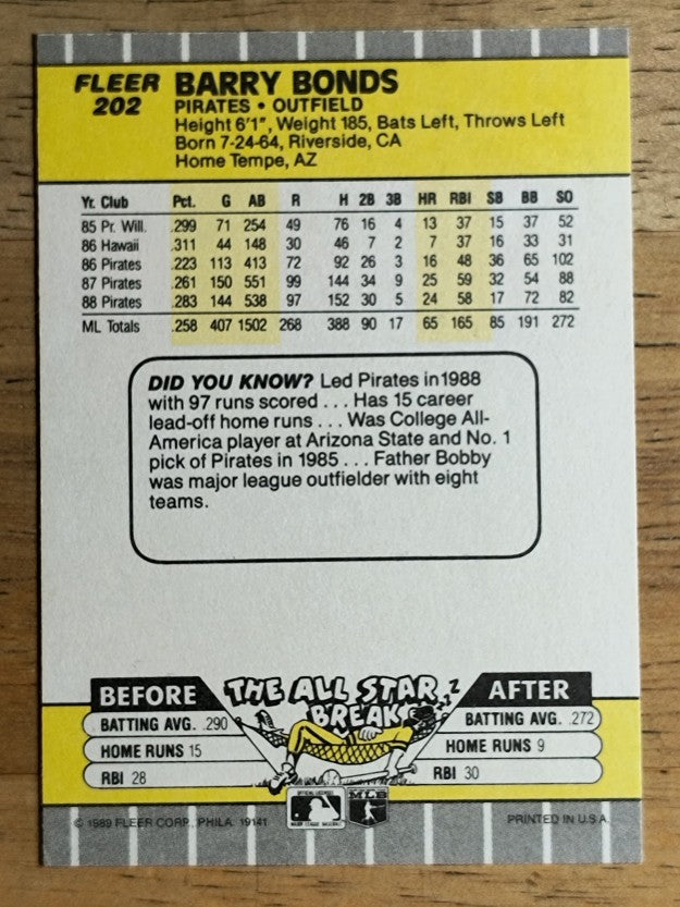 1989 Fleer #202 Barry Bonds