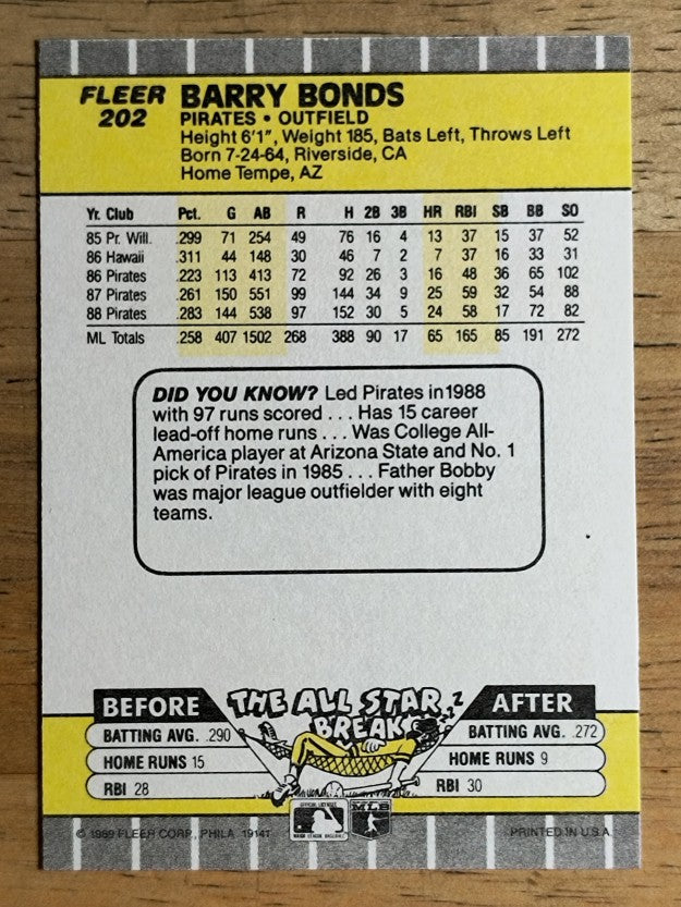 1989 Fleer #202 Barry Bonds