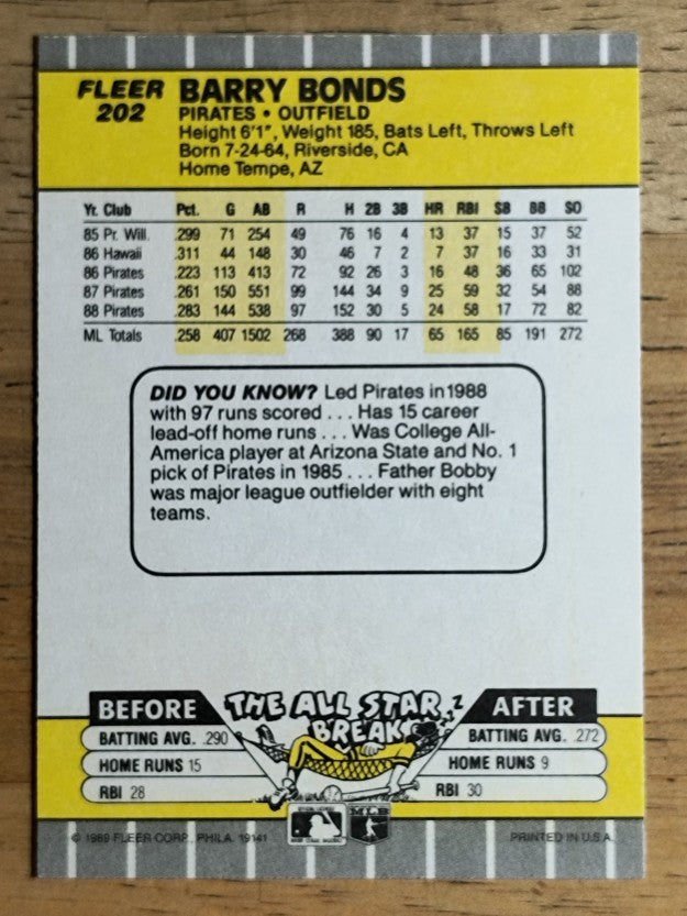 1989 Fleer #202 Barry Bonds