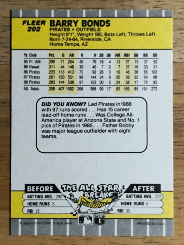 1989 Fleer #202 Barry Bonds