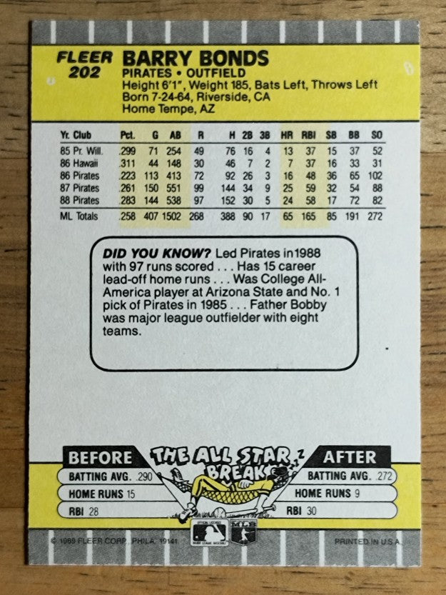 1989 Fleer #202 Barry Bonds