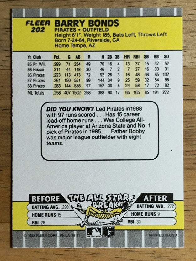 1989 Fleer #202 Barry Bonds