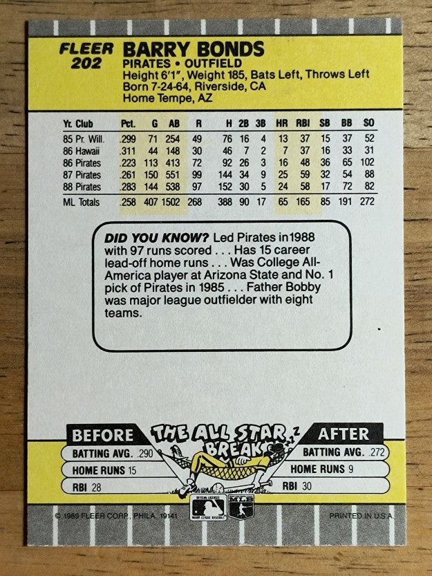 1989 Fleer #202 Barry Bonds