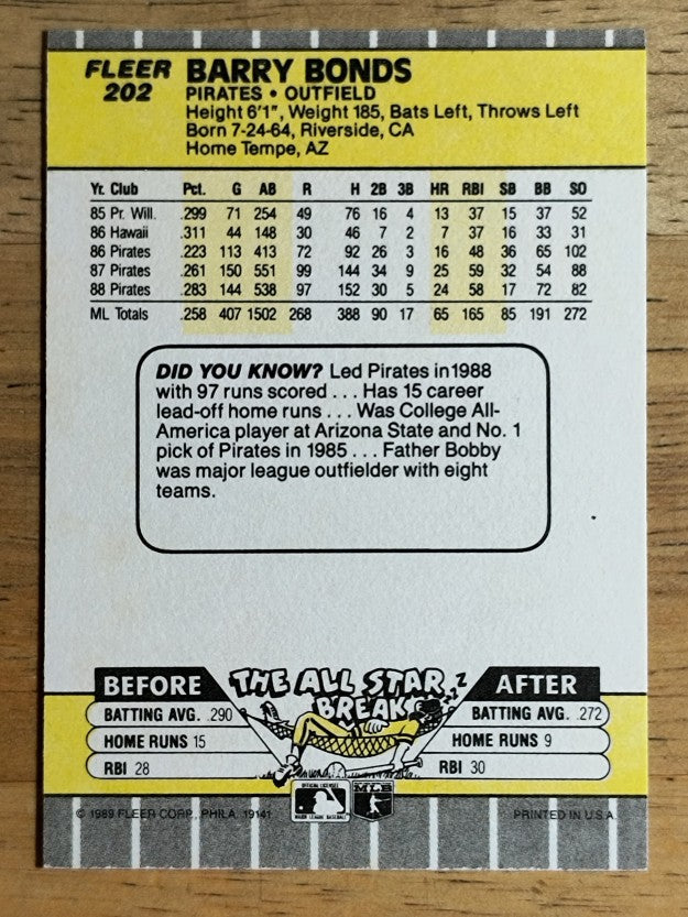 1989 Fleer #202 Barry Bonds