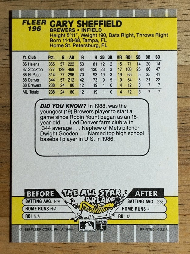 1989 Fleer #196 Gary Sheffield RC