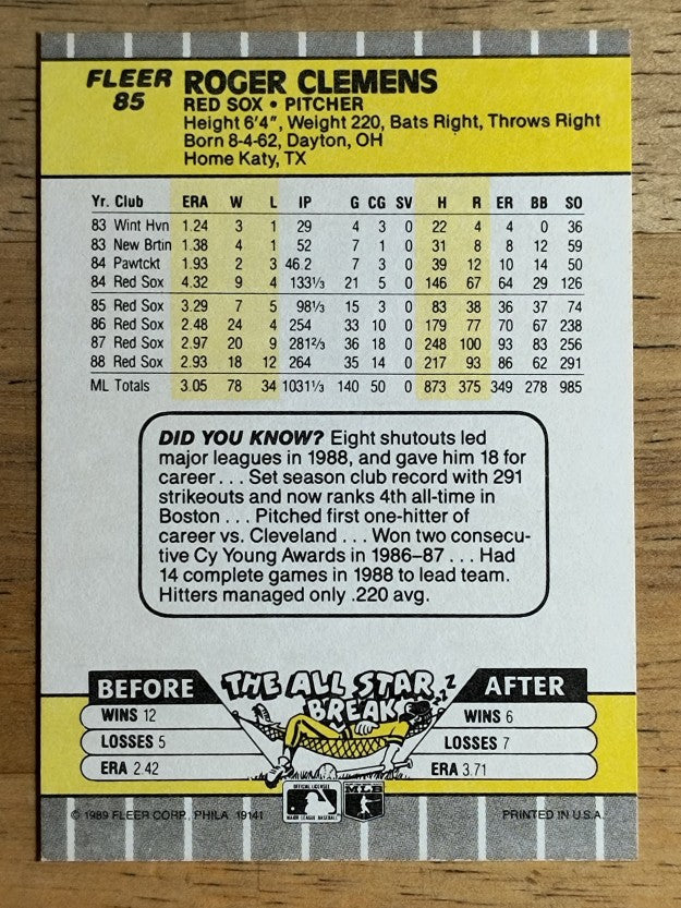 1989 Fleer #85 Roger Clemens