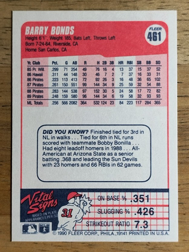 1990 Fleer #461 Barry Bonds