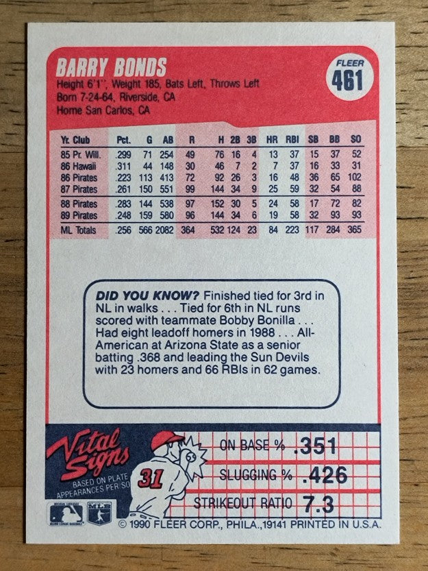 1990 Fleer #461 Barry Bonds