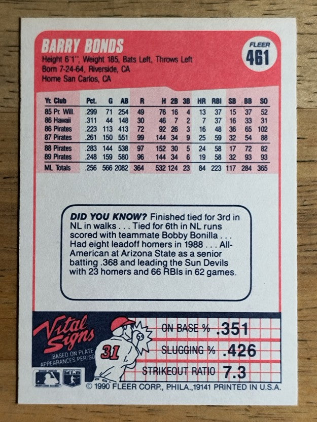1990 Fleer #461 Barry Bonds