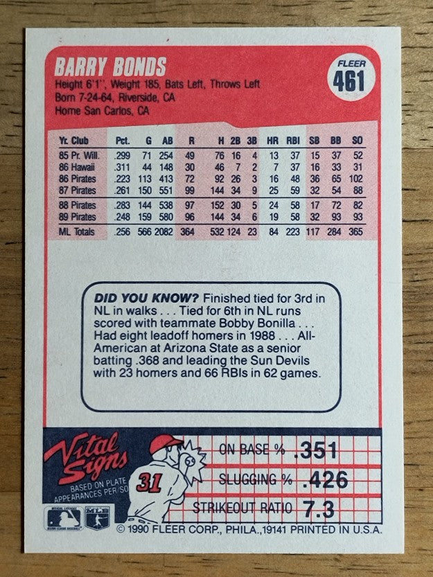 1990 Fleer #461 Barry Bonds