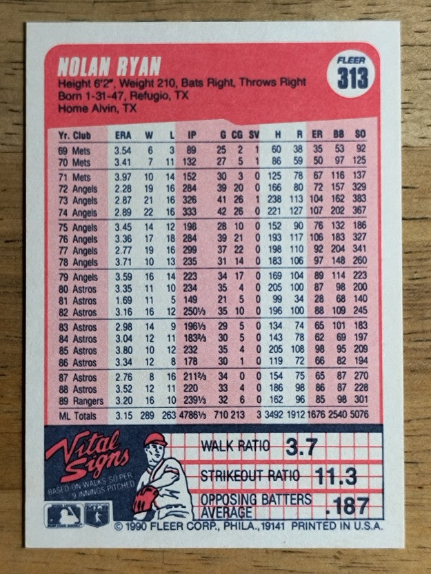 1990 Fleer #313 Nolan Ryan