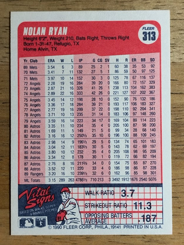 1990 Fleer #313 Nolan Ryan