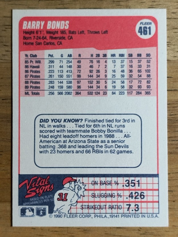 1990 Fleer #461 Barry Bonds