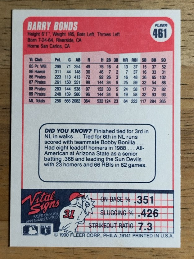 1990 Fleer #461 Barry Bonds