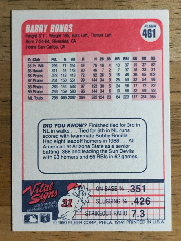 1990 Fleer #461 Barry Bonds