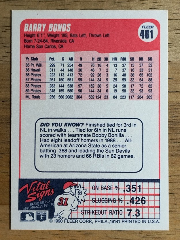 1990 Fleer #461 Barry Bonds