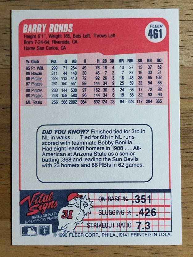 1990 Fleer #461 Barry Bonds