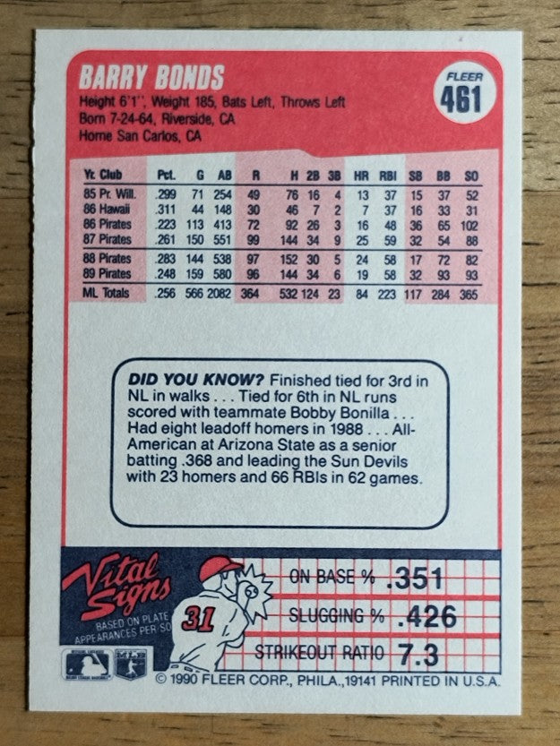 1990 Fleer #461 Barry Bonds