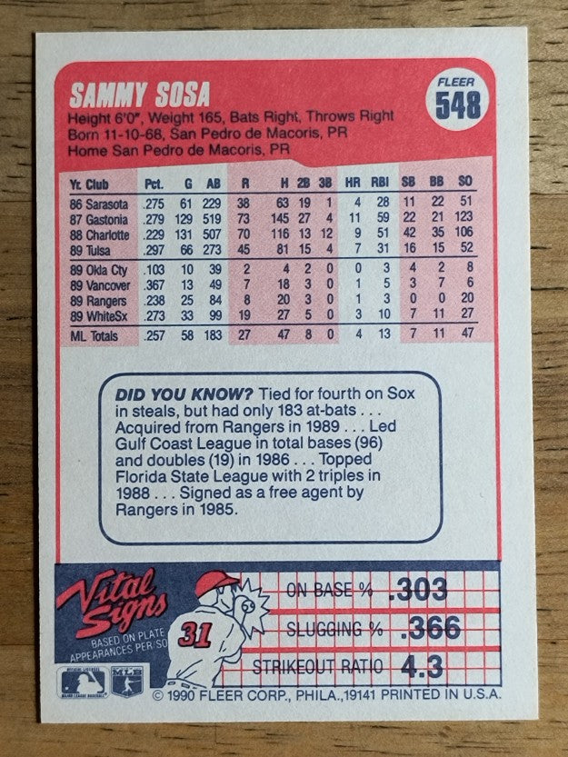 1990 Fleer #548 Sammy Sosa RC