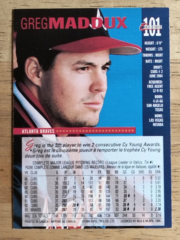 1994 O-Pee-Chee #101 Greg Maddux