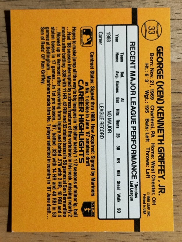 1989 Donruss #33 Ken Griffey Jr. RR RC