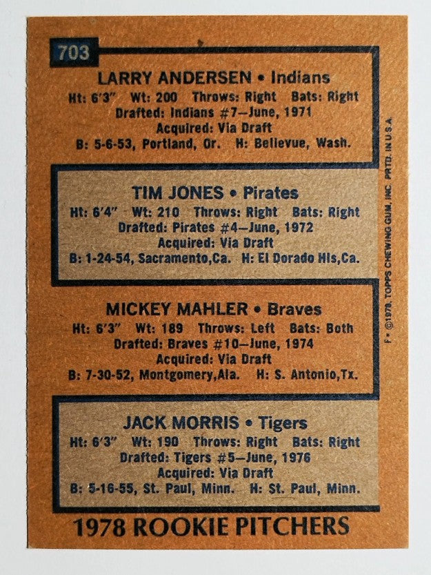1978 Topps #703 Larry Andersen/Tim Jones/Mickey Mahler/Jack Morris RC (NM)