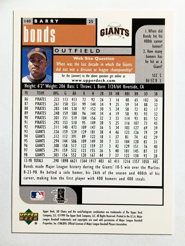 1999 UD Choice #140 Barry Bonds