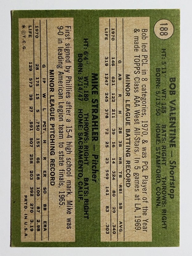 1971 Topps #188 Rookie Stars/Bob Valentine RC/Mike Strahler RC (VGEX)