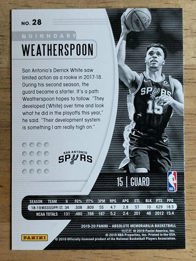 2019-20 Absolute Memorabilia Retail #28 Quinndary Weatherspoon