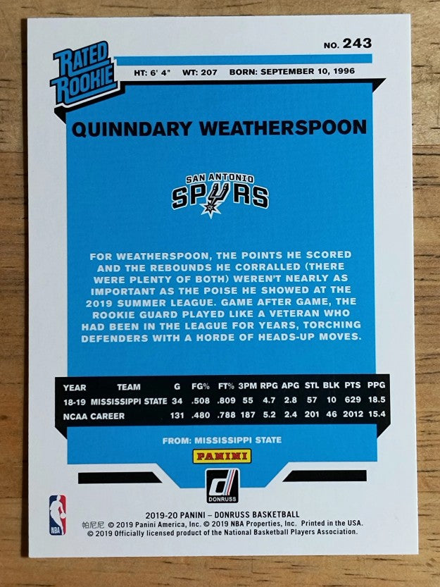 2019-20 Donruss #243 Quinndary Weatherspoon RR RC