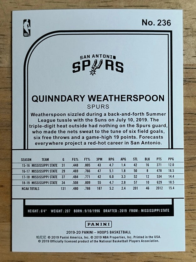2019-20 Hoops #236 Quinndary Weatherspoon RC