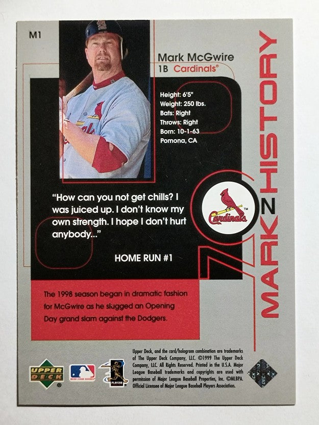 1999 Upper Deck Challengers for 70 Mark on History #M1 Mark McGwire 1