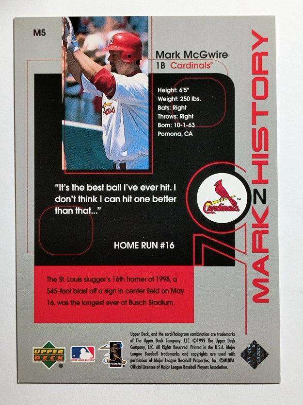 1999 Upper Deck Challengers for 70 Mark on History #M5 Mark McGwire 16