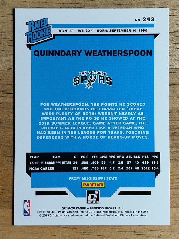 2019-20 Donruss #243 Quinndary Weatherspoon RR RC