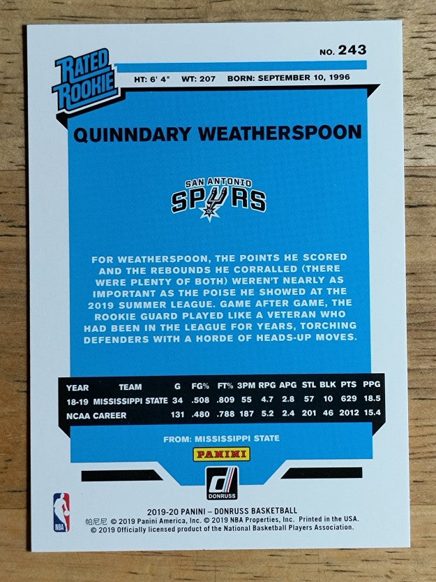 2019-20 Donruss #243 Quinndary Weatherspoon RR RC