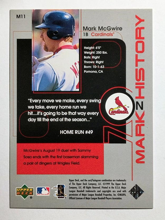 1999 Upper Deck Challengers for 70 Mark on History #M11 Mark McGwire 49