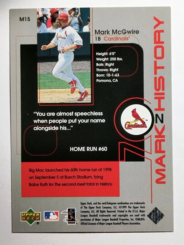 1999 Upper Deck Challengers for 70 Mark on History #M15 Mark McGwire 60