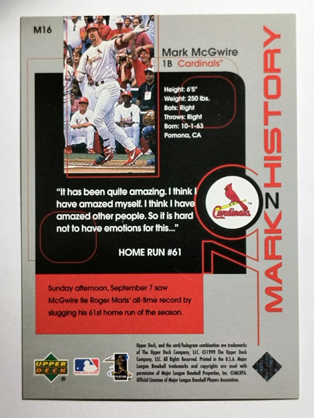 1999 Upper Deck Challengers for 70 Mark on History #M16 Mark McGwire 61