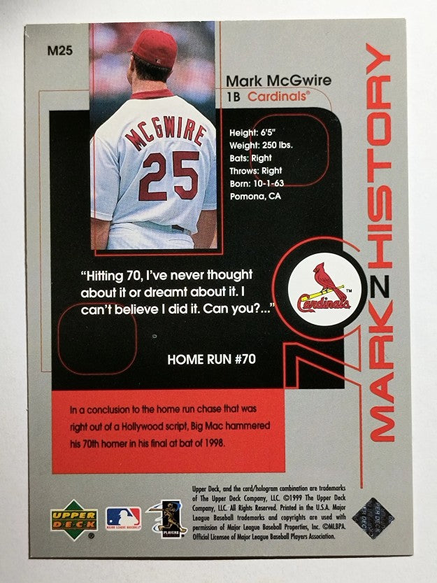 1999 Upper Deck Challengers for 70 Mark on History #M25 Mark McGwire 70