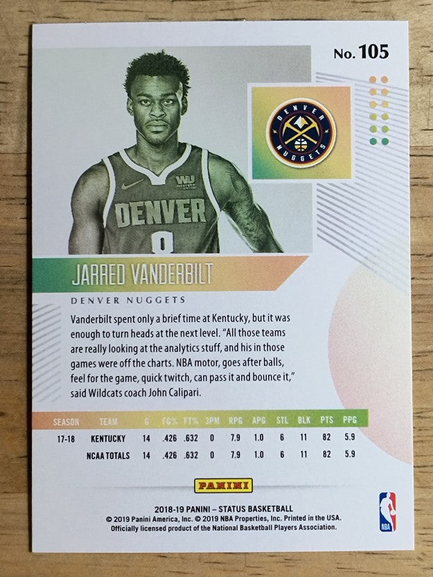 2018-19 Panini Status #105 Jarred Vanderbilt RC