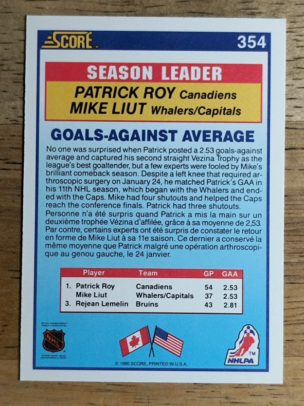 1990-91 Score Canadian #354 Patrick Roy/Mike Liut LL