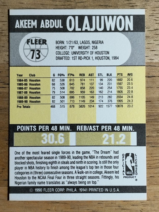 1990-91 Fleer #73 Hakeem Olajuwon