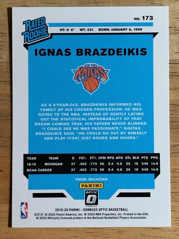 2019-20 Donruss Optic #173 Ignas Brazdeikis RR RC
