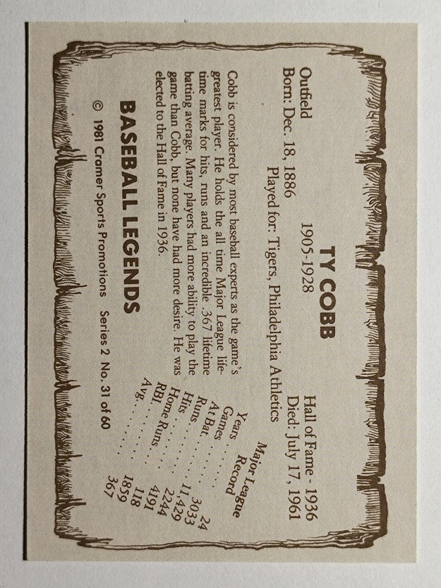 1980-83 Pacific Legends #31 Ty Cobb (NMMT)