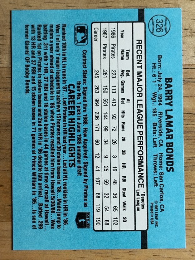 1988 Donruss #326 Barry Bonds (NM)