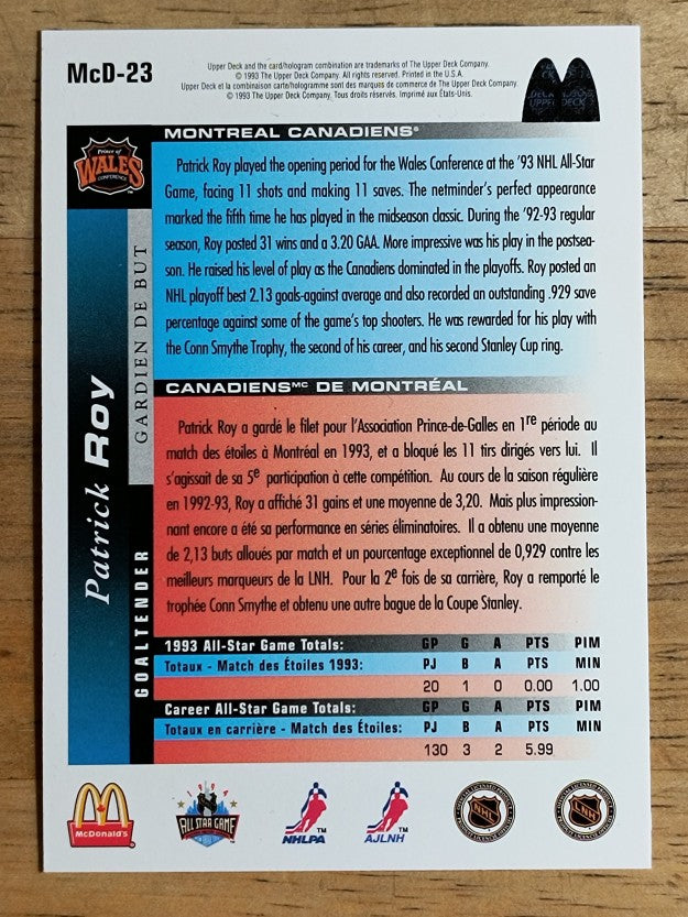 1993-94 McDonald's Upper Deck #23 Patrick Roy (NM)